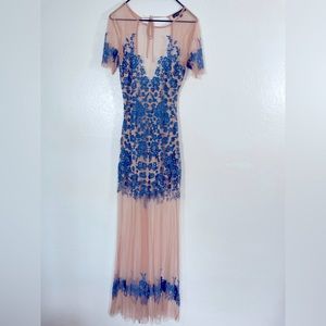 For Love and Lemons Muau Mesh Maxi Dress with Light Blue Floral Embroidery